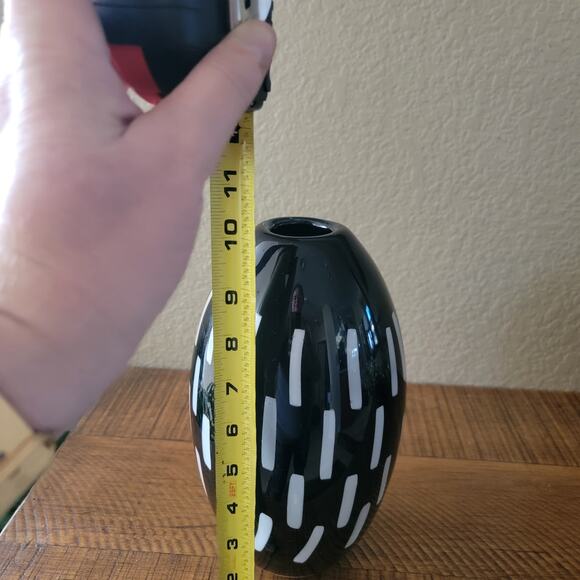 Vintage Black Art Glass Vase with White Dash Motif 10.5 Inch Modernist Design - Picture 5 of 10